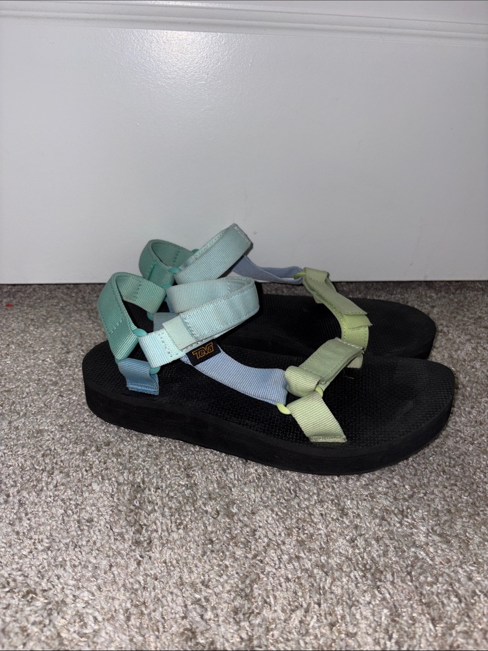 Teva Platform Sandals with Pastel Mint, Sky Blue, and Light Lime Straps